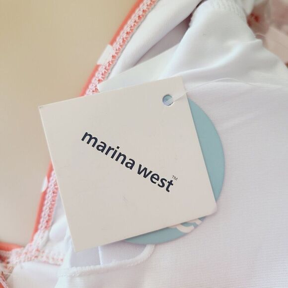 NEW Marina West Swimsuit M Coral Orange Polka Dot Deep V Ruffle Sleeve One Piece - Picture 6 of 8